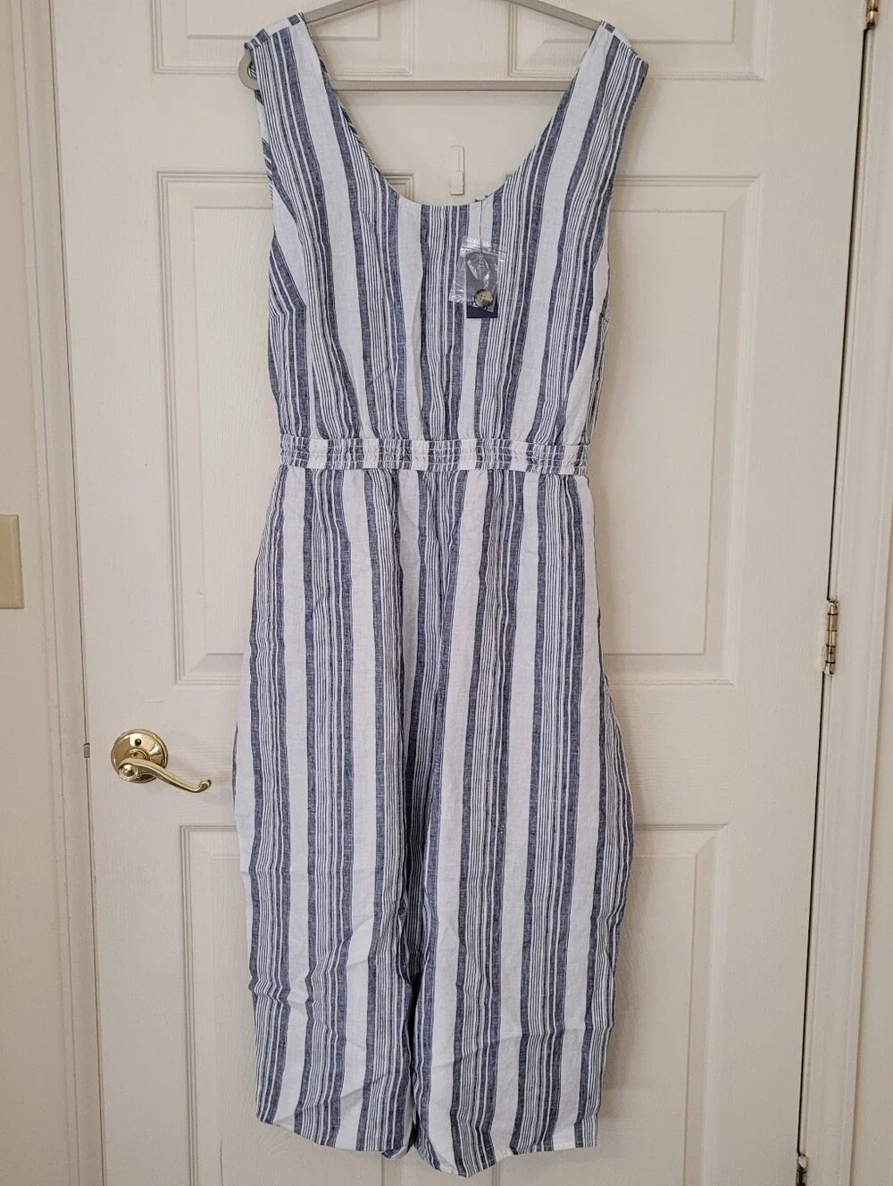 Crown&Ivy Women Wide Leg Sleeveless Linen Jumpsuit Size 20W Coastal Sailor Smock
